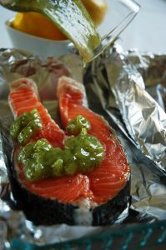 BBQ Salmon Steaks with Green Ginger Sauce