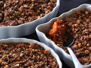 Sweet Potato Casserole with a Pecan and Gingersnap Praline Topping